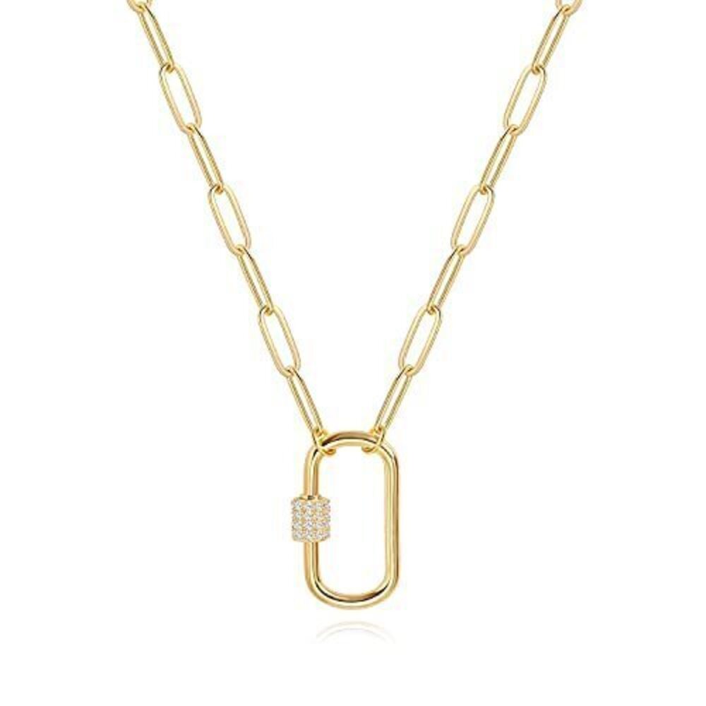 4843 18K Gold Paperclip Chain Necklace Fashion CZ Pave Oval Screw Lock